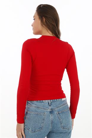 Likralı Pamuk Crop Tişört- Slim Fit-Kırmızı