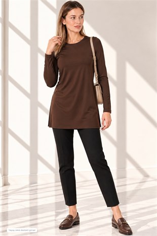 Premium Viskon Uzun Tunik-Kahve