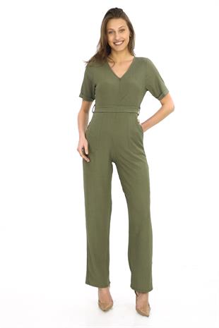 Kadın Krep Beli Kemerli ve Fermuarlı Tulum-Haki