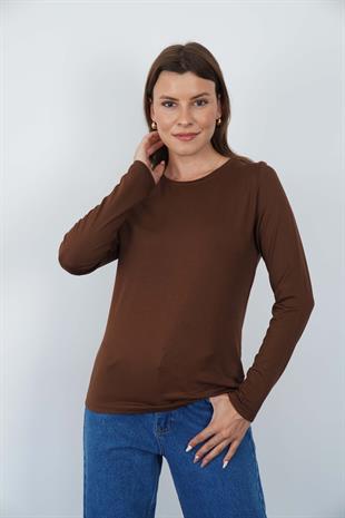 Kadın Zarif İnce Gösteren Viskon Tişört-Kahve