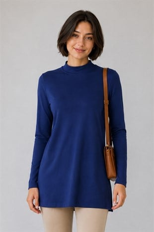 Premium Viskon Dik Yaka Uzun Tunik-Lacivert