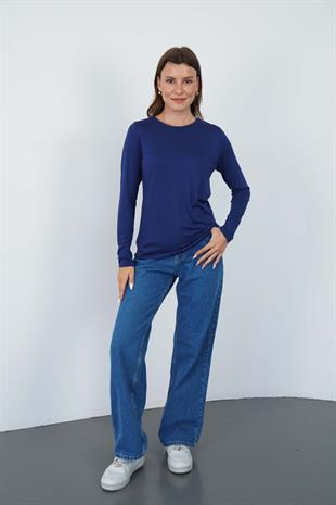 Kadın Zarif İnce Gösteren Viskon Tişört-Lacivert