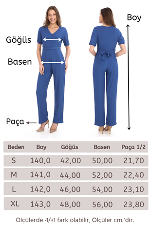 Kadın Krep Beli Kemerli ve Fermuarlı Tulum-İndigo