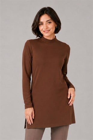 Premium Viskon Dik Yaka Uzun Tunik-Kahverengi