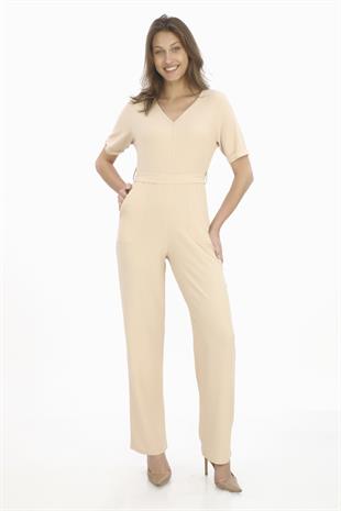 Kadın Krep Beli Kemerli ve Fermuarlı Tulum-Bej