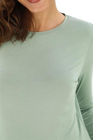 Kadın Zarif İnce Gösteren Viskon Tişört -Mint Yeşili