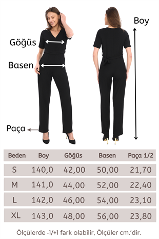 Kadın Krep Beli Kemerli ve Fermuarlı Tulum-Siyah