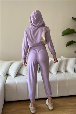 Kadın Viskon Kapşonlu Oversize Crop Sweatshirt-Lila