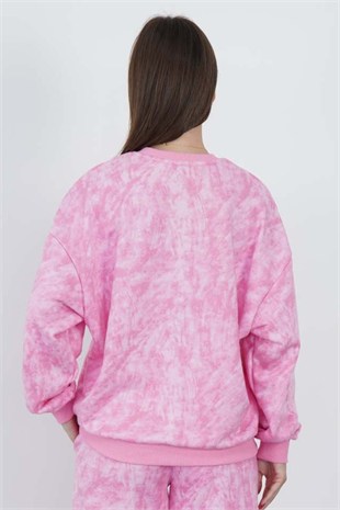 Valeria Kadın 3 İplik Şardonsuz Pamuk Oversize Bisiklet Yaka Sweatshirt-Pembe Baskılı