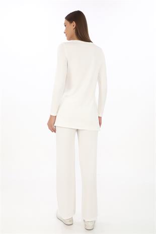 Bisiklet Yaka Viskon Tunik ve Pantolon Takım-Krem