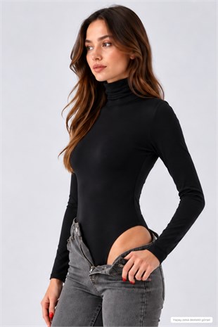 Kadın Viskon Tam Balıkçı Yaka Çıtçıtlı Zıbın Body-Siyah