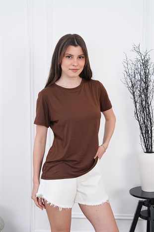 Viskon Dökümlü Tişört-Kahverengi