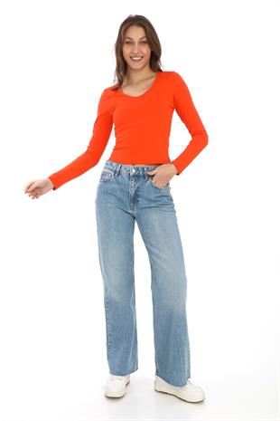 V Yaka Slim Fit Tişört-Mercan