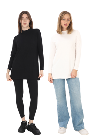 Viskon Dik Yaka Tunik 2li Satış-Siyah-Krem