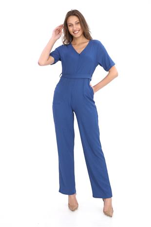 Kadın Krep Beli Kemerli ve Fermuarlı Tulum-İndigo