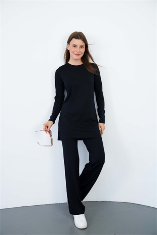 Bisiklet Yaka Viskon Tunik ve Pantolon Takım-Siyah