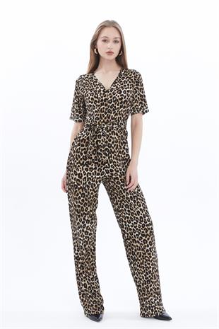 Kadın Krep Beli Kemerli ve Fermuarlı Tulum-Leopar