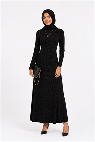 Simli Dik Yaka Maxi Boy Elbise-Siyah
