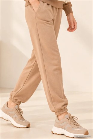 Kadın Günlük Stil Paçası Lastikli Regular Fit Eşofman Altı-Bej