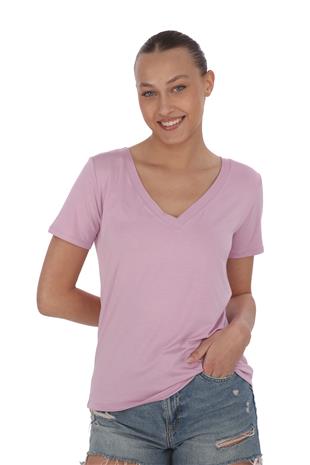 Viskon Dökümlü V Yaka Tişört-Lavanta Pembesi 