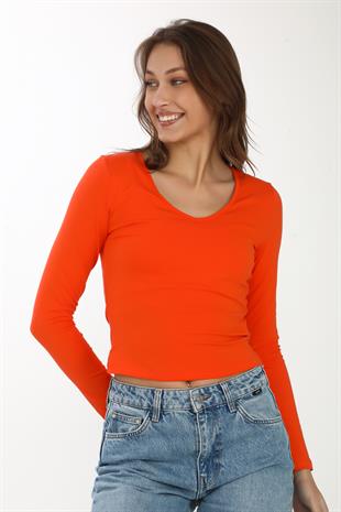 V Yaka Slim Fit Tişört-Mercan
