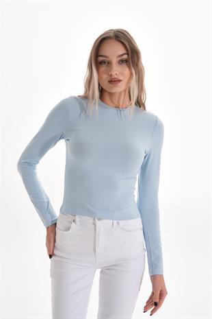 Likralı Pamuk Crop Tişört-Slim Fit -Açık Mavi