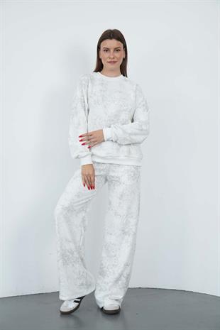Oversize Sweatshirt & Geniş Paça Eşofman Altı Takım-Ekru-Gri Baskılı