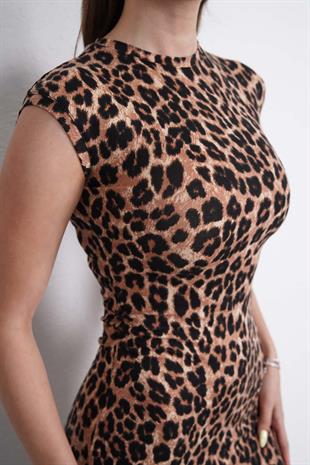 Leopar Desen Uzun Elbise-Leopar