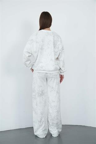 Oversize Sweatshirt & Geniş Paça Eşofman Altı Takım-Ekru-Gri Baskılı