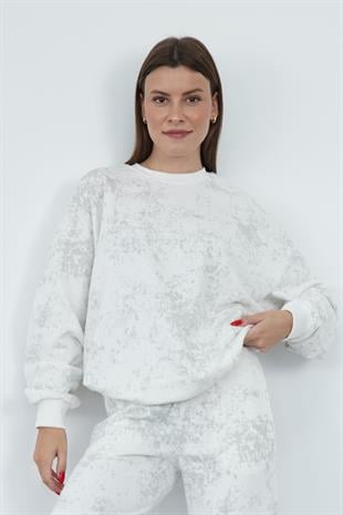 Valeria Kadın 3 İplik Şardonsuz Pamuk Oversize Bisiklet Yaka Sweatshirt-Ekru-Gri Baskılı
