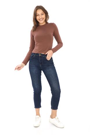 Likralı Pamuk Crop Tişört-Slim Fit -Açık Kahve