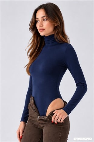 Kadın Viskon Tam Balıkçı Yaka Çıtçıtlı Zıbın Body-Lacivert