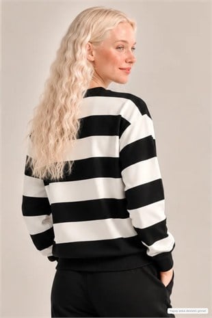 Kadın Bisiklet Yaka Sweatshirt Normal Kalıp Uzun Kollu-Siyah Çizgili