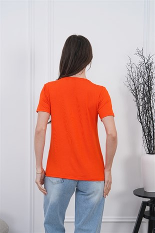  Viskon Dökümlü Tişört -Turuncu