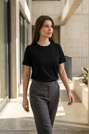 Viskon Dökümlü Tişört-Siyah