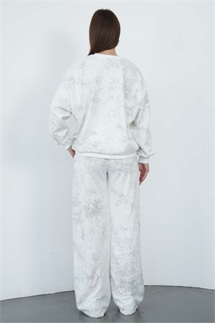 Oversize Sweatshirt & Geniş Paça Eşofman Altı Takım-Ekru-Gri Baskılı