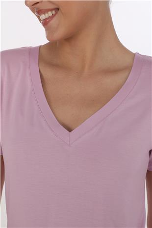 Viskon Dökümlü V Yaka Tişört-Lavanta Pembesi 