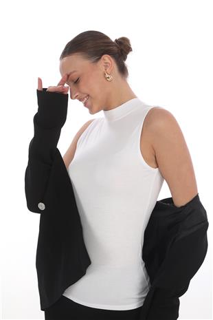 Kadın Viscon Kolsuz Tişört-Beyaz