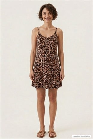  İnce Askılı Kısa Elbise -Kahve Leopar