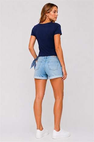 V Yaka Slim Fit Crop Tişört-Lacivert