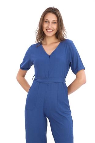 Kadın Krep Beli Kemerli ve Fermuarlı Tulum-İndigo