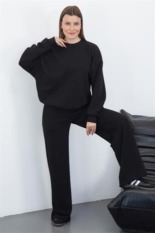 Kadın Pamuk 3 İplik Şardonsuz Oversize Sweatshirt & Geniş Paça Eşofman Altı Takım-Siyah