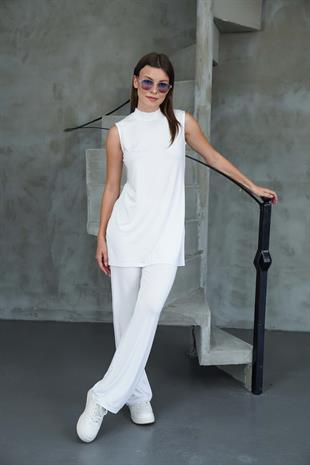 Kolsuz Tunik & Pantolon Takım-Beyaz