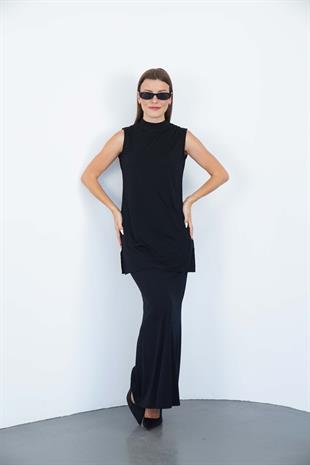 Viskon Kolsuz Tunik ve Etek Takım-Siyah