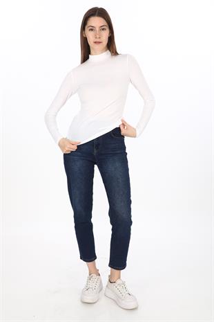 Kadın Modal Dik Yaka Slim Fit Tişört-Beyaz