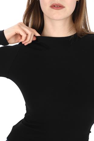 Likralı Pamuk Crop Tişört-Slim Fit-Siyah