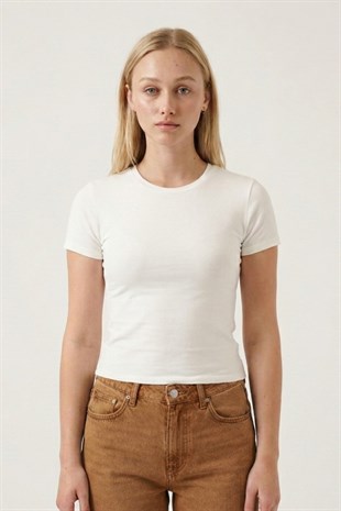 Crop Slim Fit Pamuk Likra Tişört-Ekru