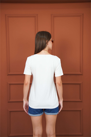 Viskon Dökümlü V Yaka Tişört-Ekru