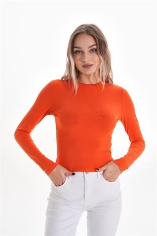Likralı Pamuk Crop Tişört-Slim Fit -Turuncu