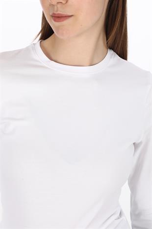 Likralı Pamuk Crop Tişört-Slim Fit -Beyaz